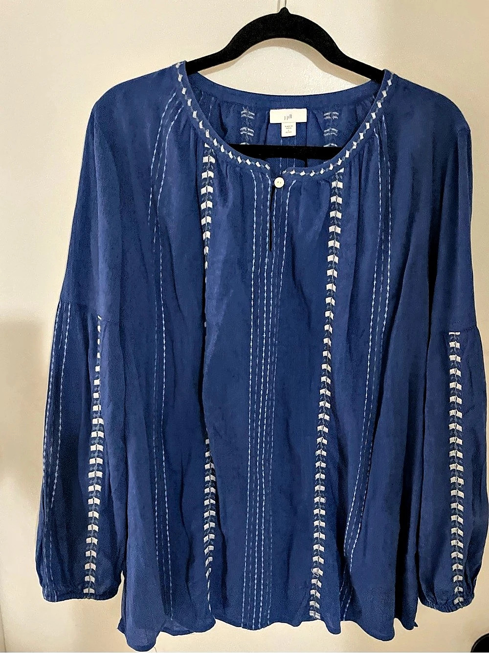 J Jill Embroidered Blue Blouse Size Large Petite